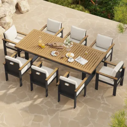 6 - Person Rectangle Wood & Aluminium Outdoor Patio Dining Table Outdoor 8 Dining Chairs