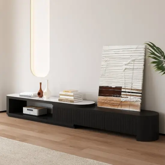 Velar 180 - 290 cm Extendable Fluted TV Unit with Sintered Stone Top & 3 Drawers – Engineered Wood
