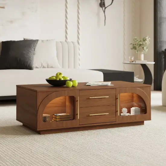 Arune 120 cm Arched Glass Doors Coffee Table with Storage and LED – Black – AUD-H2002