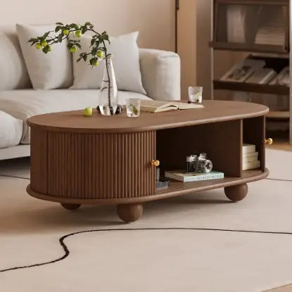 1100mm Modern Oval Walnut Solid Wood Fluted Coffee Table with Storage