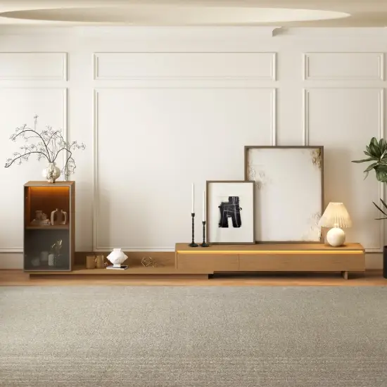 Fero Natural Extendable TV Stand with Bookshelves & Light(2500mm-3930mm)