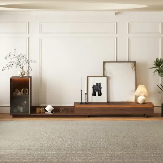 Fero Walnut Extendable TV Stand with Bookshelves & Light(2500mm-3930mm)