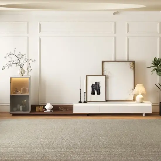 Fero White & Walnut Extendable TV Stand with Bookshelves & Light(2500mm-3930mm)