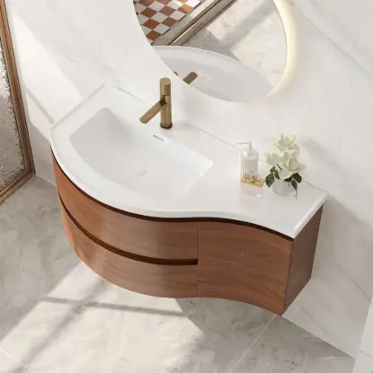 Picture of 900mm Floating Curved Bathroom Vanity Set of 2 Half-Circle Bathroom Cabinet Walnut
