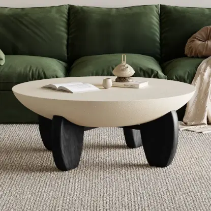 Picture of Curva 37" Round Concrete-Look Fiberglass Coffee Table with Wood Legs – Beige – Walnut – Black
