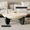 Curva 37" Round Concrete-Look Fiberglass Coffee Table with Wood Legs – Beige – Walnut – Black