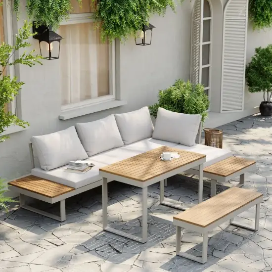 Slatera 4-Piece Outdoor Acacia & Aluminium Modular Sofa Set in Light Grey