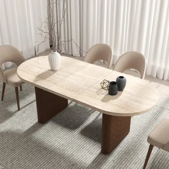 Fluve 160 - 200 cm Extendable Oval Matt Travertine Dining Table Butterfly Leaf, Seats 4-6