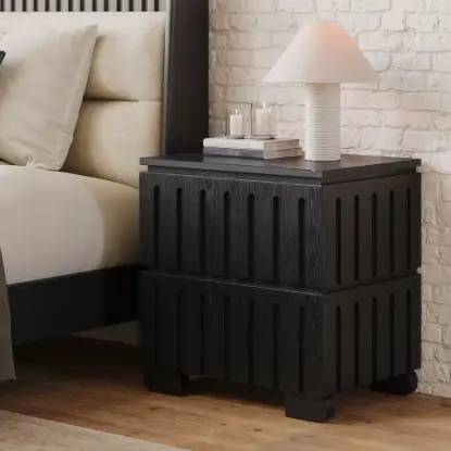 Picture of Florva Ash Wood 2-Drawer Nightstand with Faux Travertine Top Set of 2 – Sintered Stone