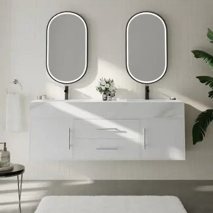 Modern 59" White Floating Double Bathroom Vanity with Sintered Stone Top and Sink – Silver Handles