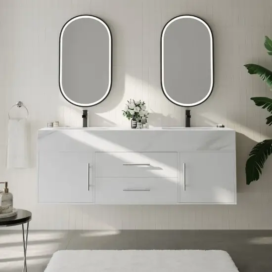 Modern 59" White Floating Double Bathroom Vanity with Sintered Stone Top and Sink – Silver Handles