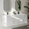 Modern 59" White Floating Double Bathroom Vanity with Sintered Stone Top and Sink – Silver Handles