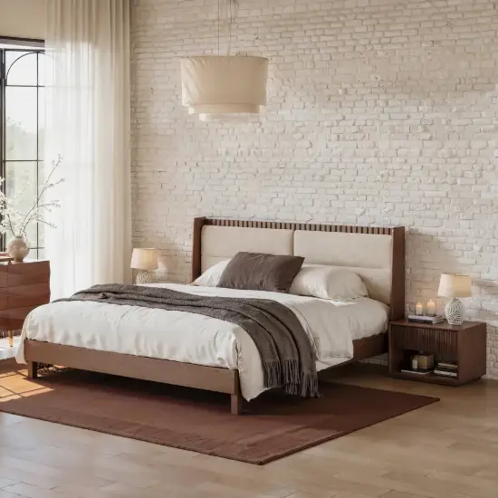 Picture of Modern Queen Walnut Platform Bed with Boucle Headboard Pillows