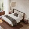Picture of Modern Queen Walnut Platform Bed with Boucle Headboard Pillows