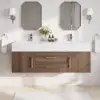 Modern 59" Walnut Floating Double Bathroom Vanity with Sintered Stone Top and Sink – Silver Handles