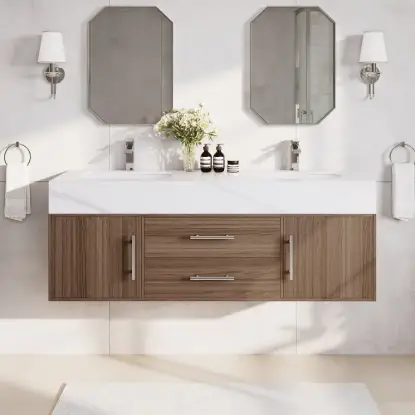 Modern 59" Walnut Floating Double Bathroom Vanity with Sintered Stone Top and Sink – Silver Handles