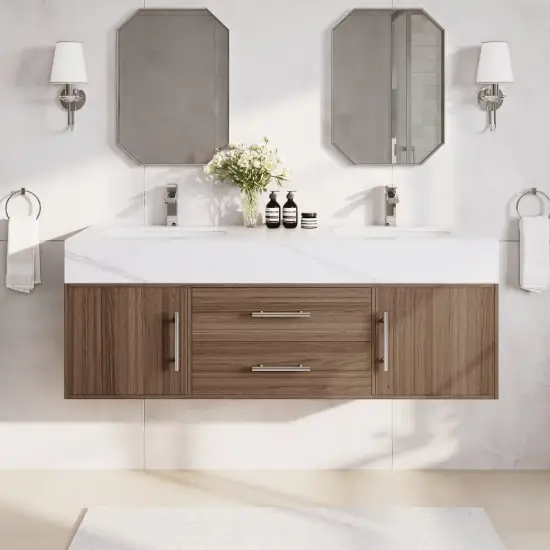 Modern 59" Walnut Floating Double Bathroom Vanity with Sintered Stone Top and Sink – Silver Handles