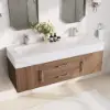 Modern 59" Walnut Floating Double Bathroom Vanity with Sintered Stone Top and Sink – Silver Handles