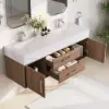 Modern 59" Walnut Floating Double Bathroom Vanity with Sintered Stone Top and Sink – Silver Handles