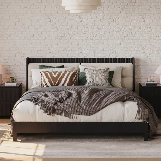 Modern Queen Black Platform Bed with Boucle Headboard Pillows