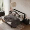 Modern Queen Black Platform Bed with Boucle Headboard Pillows