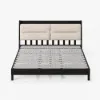 Modern Queen Black Platform Bed with Boucle Headboard Pillows