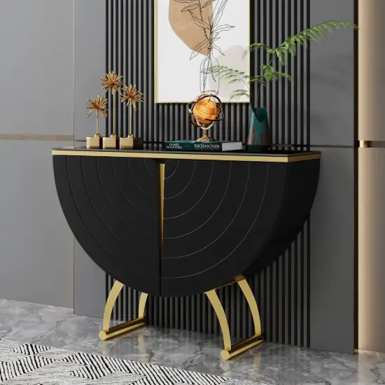 Modern Gold Console Table Sintered Stone Top Entryway Storage Cabinet with Doors – Black