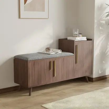 Black Walnut Wooden Shoe Storage Bench with Right-Side Cabinet for Entryway (1200mm)