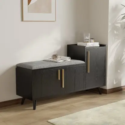 Black Wooden Shoe Storage Bench with Right-Side Cabinet for Entryway (1200mm)