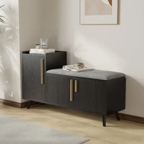1200mm Black Wooden Shoe Storage Bench with 3 Doors & 5 Shelves for Entryway