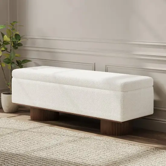 Teddy Fabric Fluffy Faux Fur Flip Top Wood Storage Bench – White – AUD-H2057