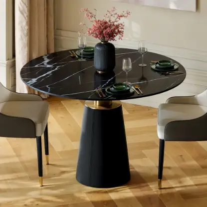 Picture of Modern 990 mm Round Glossy Sintered Stone Dining Table with Leather-Wrapped Base, Seats 2