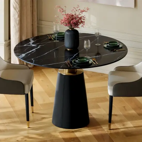 Modern 990 mm Round Glossy Sintered Stone Dining Table with Leather-Wrapped Base, Seats 2