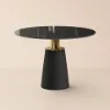 Modern 990 mm Round Glossy Sintered Stone Dining Table with Leather-Wrapped Base, Seats 2