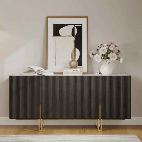 Grovyn 1600mm Buffet Sideboard Sintered Stone Top Black Fluted with Adjustable Shelves