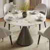 Modern 99 cm Round Glossy Sintered Stone Dining Table with Black Pedestal Base, Seats 2