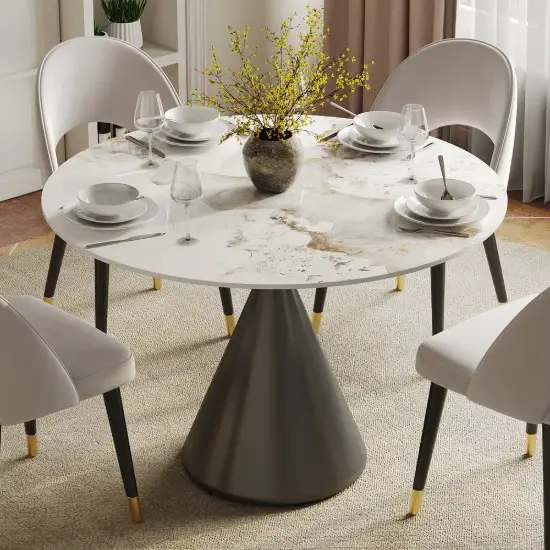 Modern 99 cm Round Glossy Sintered Stone Dining Table with Black Pedestal Base, Seats 2