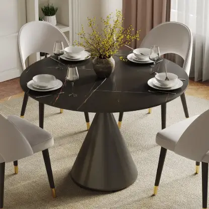 Picture of Modern 99 cm Round Matte Sintered Stone Dining Table with Black Pedestal Base, Seats 2