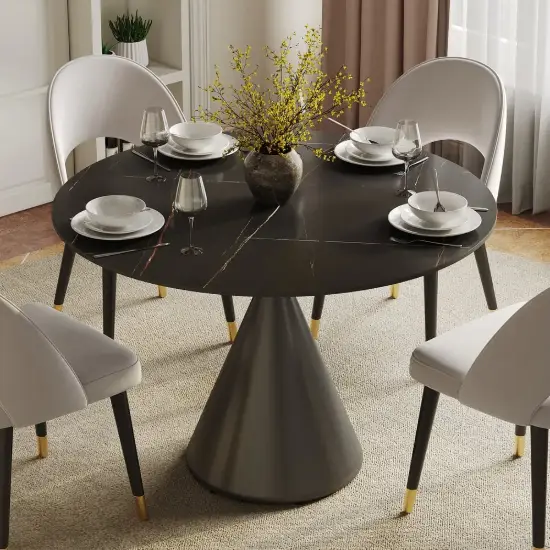 Modern 99 cm Round Matte Sintered Stone Dining Table with Black Pedestal Base, Seats 2