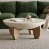Curva 37" Round Concrete-Look Fiberglass Coffee Table with Wood Legs – Beige – Natural