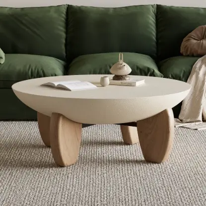 Picture of Curva 37" Round Concrete-Look Fiberglass Coffee Table with Wood Legs – Beige – Natural