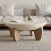 Curva 37" Round Concrete-Look Fiberglass Coffee Table with Wood Legs – Beige – Natural