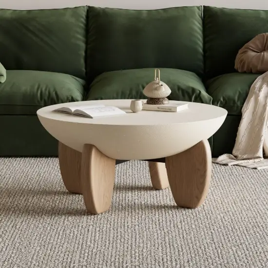 Picture of Curva 30" Round Concrete-Look Fiberglass Coffee Table with Wood Legs – Beige – Natural