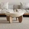 Picture of Curva 30" Round Concrete-Look Fiberglass Coffee Table with Wood Legs – Beige – Natural