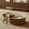 Grovyn 700mm-800mm Round Nesting Coffee Table Set with Sintered Stone Top – Walnut