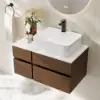 Modern 80 cm Floating Single Bathroom Vanity with Stone Resin Top, Ceramic Basin – Walnut – Faux Marble Sink