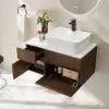 Modern 80 cm Floating Single Bathroom Vanity with Stone Resin Top, Ceramic Basin – Walnut – Faux Marble Sink