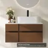 Modern 80 cm Floating Single Bathroom Vanity with Stone Resin Top, Ceramic Basin – Walnut – Faux Marble Sink