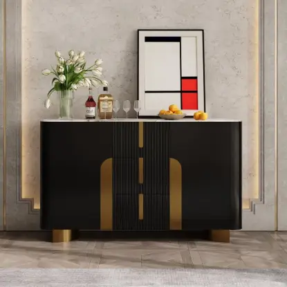 Artis Modern Matte Black 59"W Sintered Stone Sideboard 3 Drawers Kitchen Buffet Table