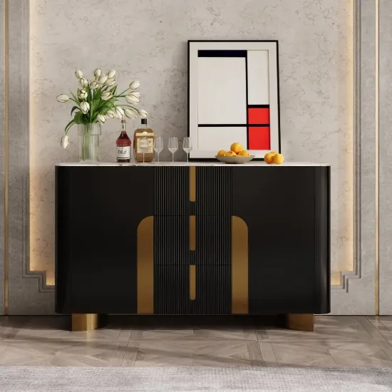 Artis Modern Matte Black 59"W Sintered Stone Sideboard 3 Drawers Kitchen Buffet Table